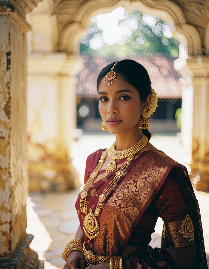 Sri Lankan woman in a maroon Kandyan saree with gold jewellery standing in a temple courtyard in Kandy