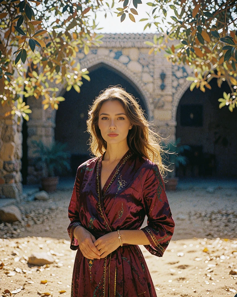 Turkmen woman in a rich burgundy dress with gold trim standing in a shaded courtyard