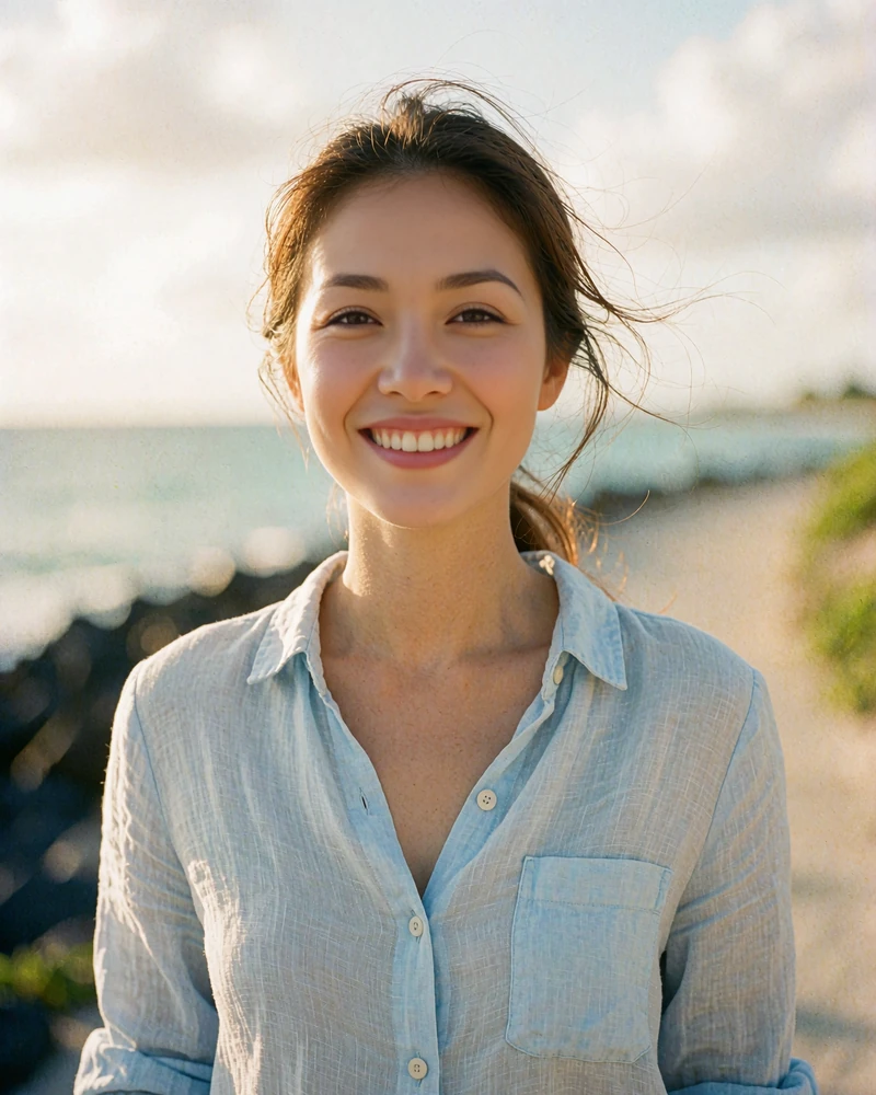 Vietnamese woman in a light blue linen shirt smiling on a coastal path near Da Nang with the sea behind her