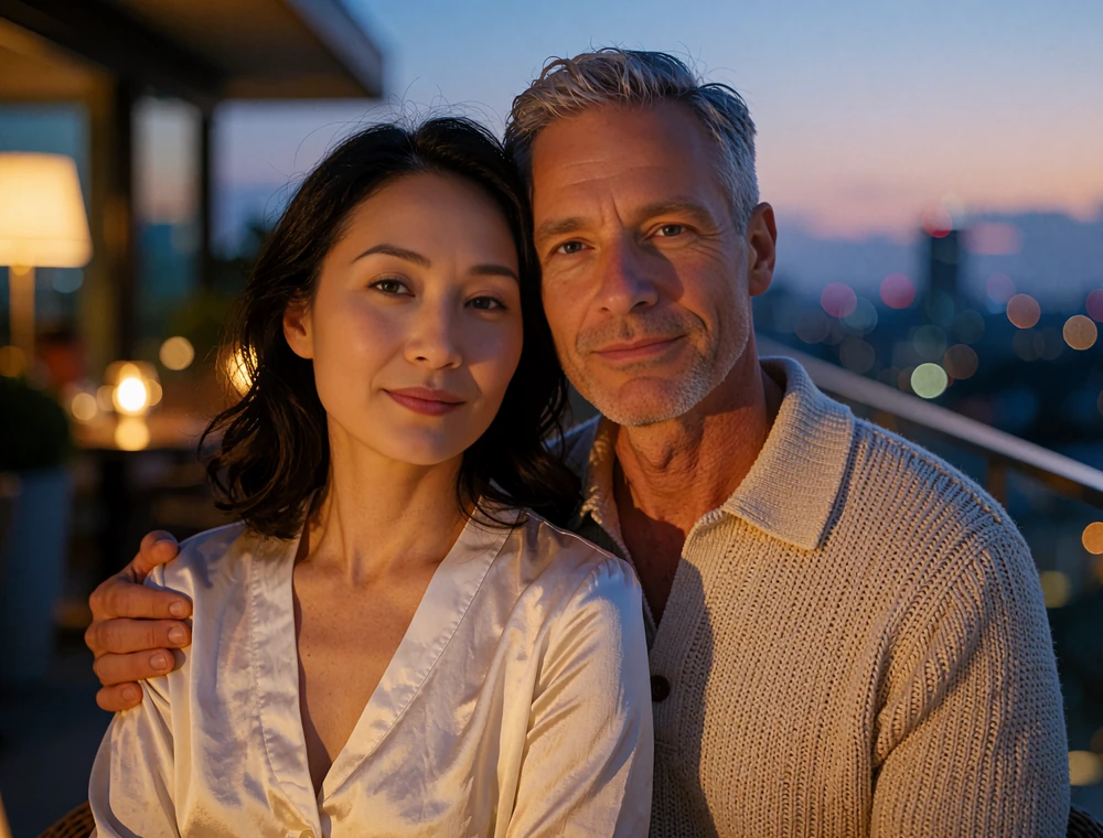 Couple on an upscale rooftop terrace at dusk with warm city lights blurred behind them