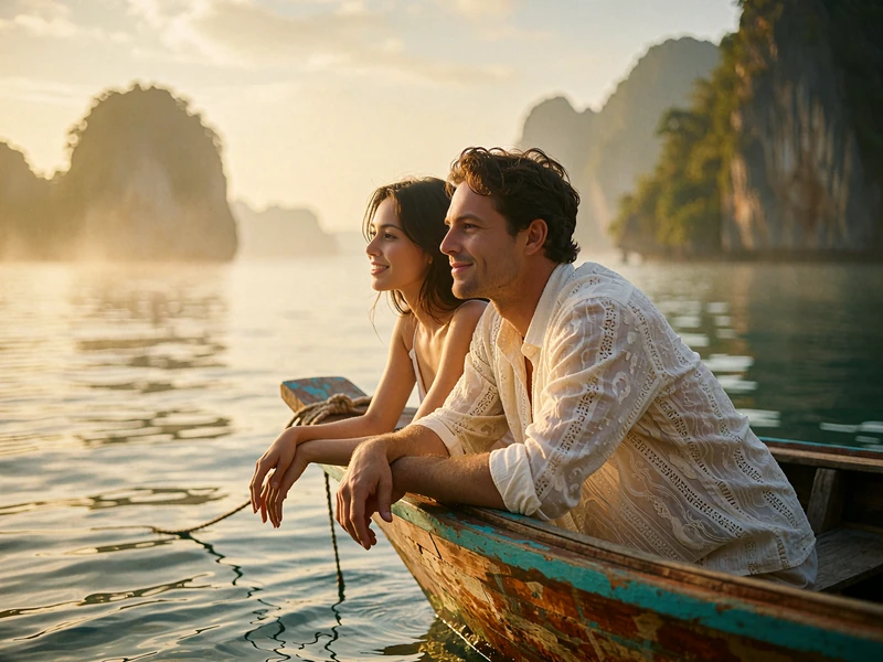 Vietnamese woman leaning against a Western man at the rail of a small wooden boat in a calm bay at sunrise