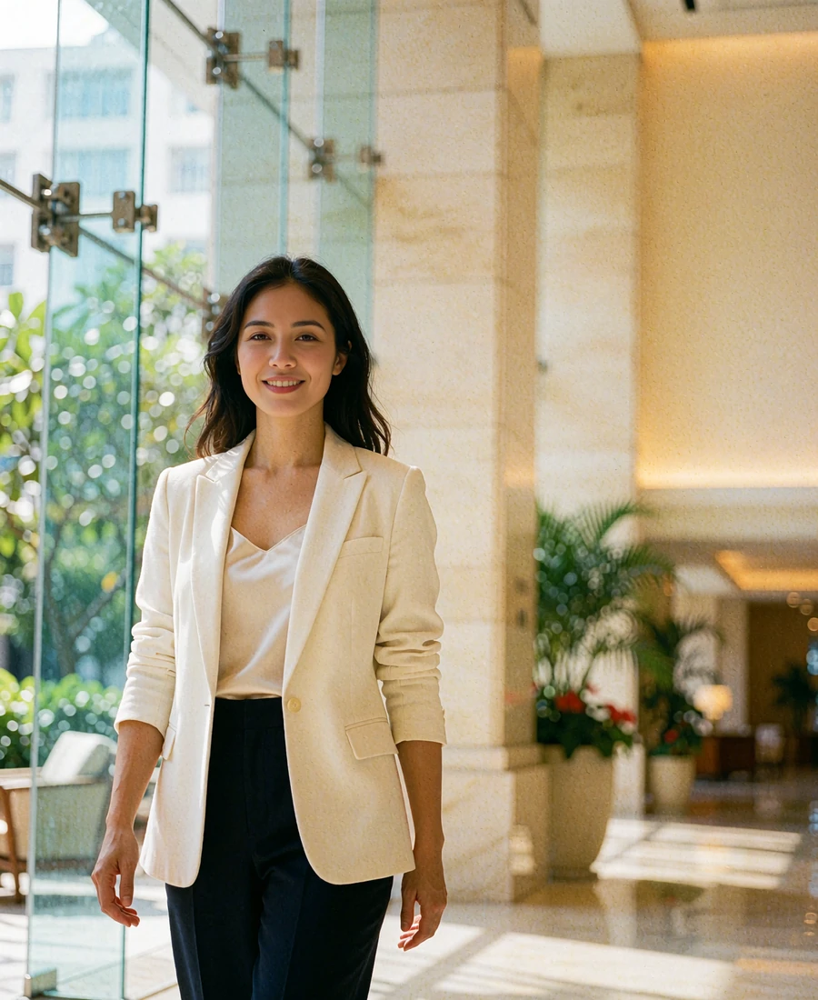 Confident Singaporean woman in an ivory blazer smiling warmly in a bright glass hotel atrium