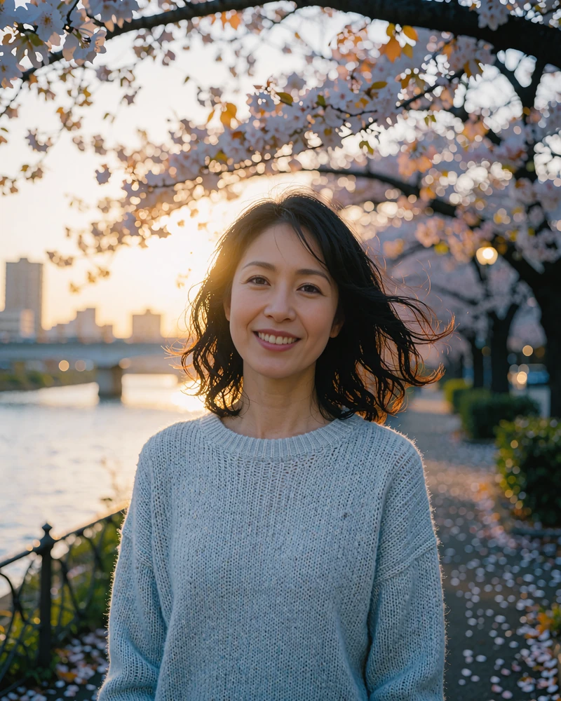 Smiling Japanese woman in a pale blue sweater on a tree-lined riverside promenade in Hiroshima