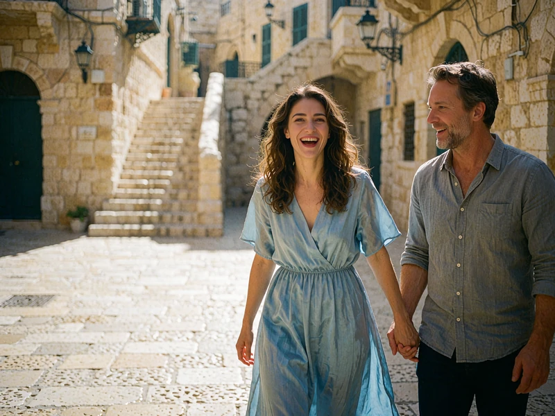 Jordanian woman in a soft blue dress laughing with a Western man on a sunlit limestone stairway in an old town quarter