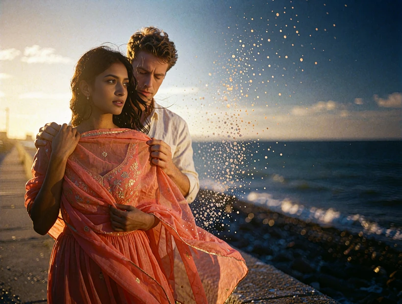 South Asian woman in a coral dupatta held gently from behind by a Western man on a seaside walkway at sunset