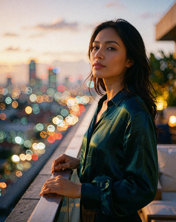 Indonesian woman in a deep emerald silk blouse standing on a rooftop lounge at dusk
