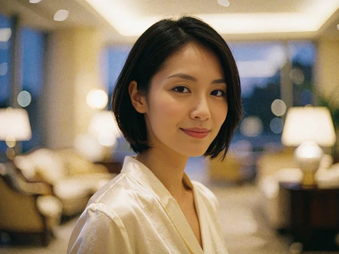 Refined Japanese woman with a dark bob smiling softly in an upscale hotel lobby