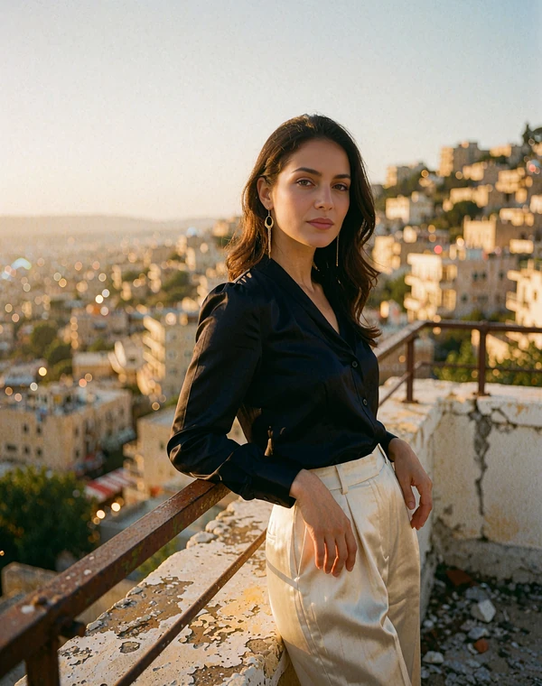 Poised Jordanian woman leaning on a rooftop railing overlooking the city at golden hour