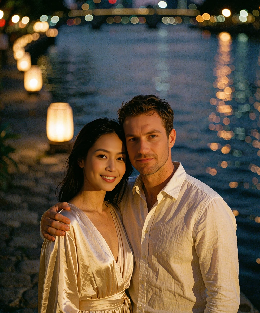 Smiling Singaporean woman in a champagne dress standing close to a Western man on a riverside quay at dusk