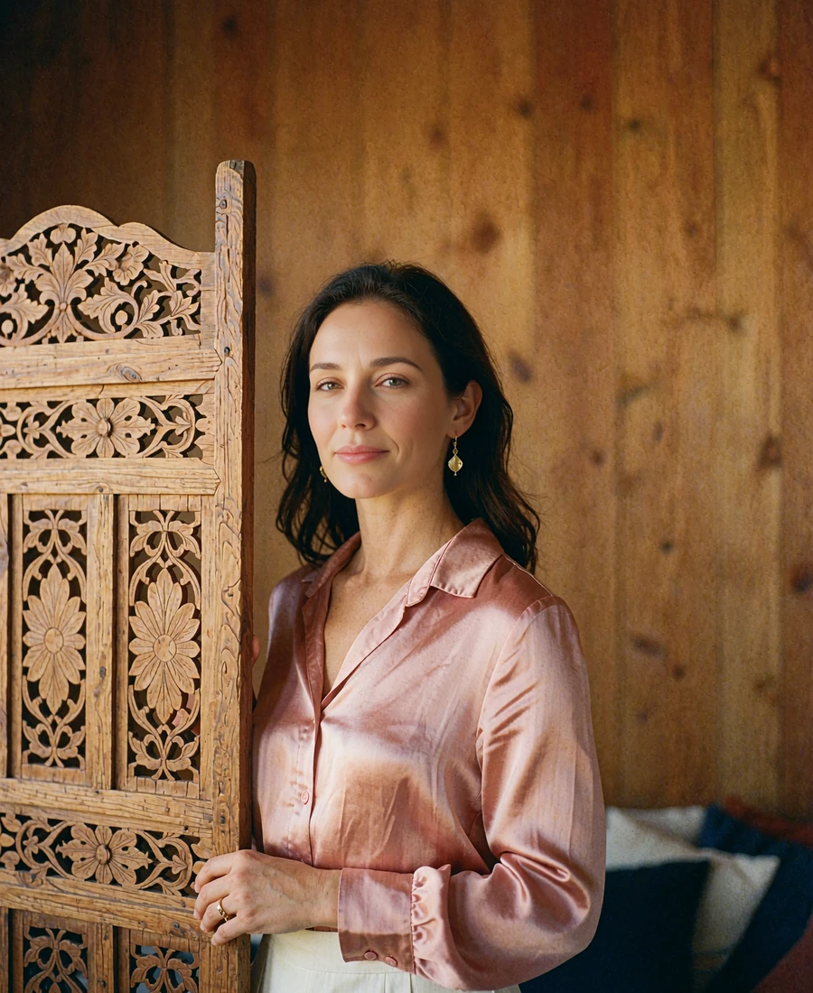 Myanmar woman in a soft rose silk blouse standing beside a carved teak screen with a serene smile