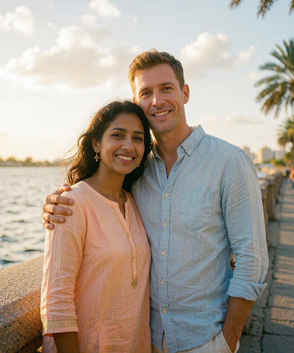 Indian woman in a peach kurta and a Western man embracing on a riverfront walkway at golden hour