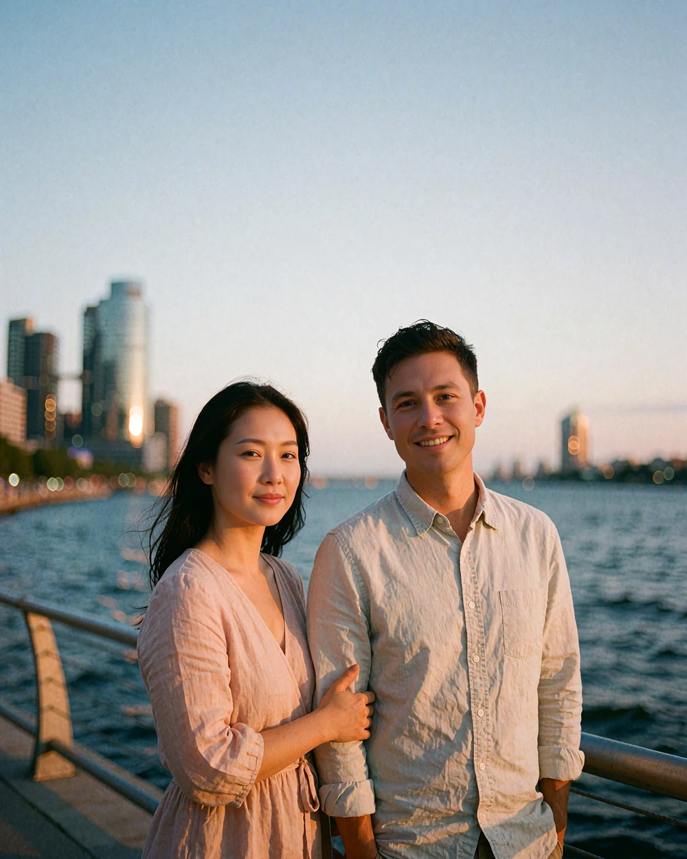 Couple standing close together on a waterfront promenade with a softly blurred skyline behind them