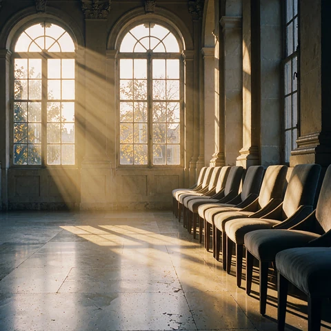 Calm official waiting hall with empty upholstered chairs and soft morning light through tall windows