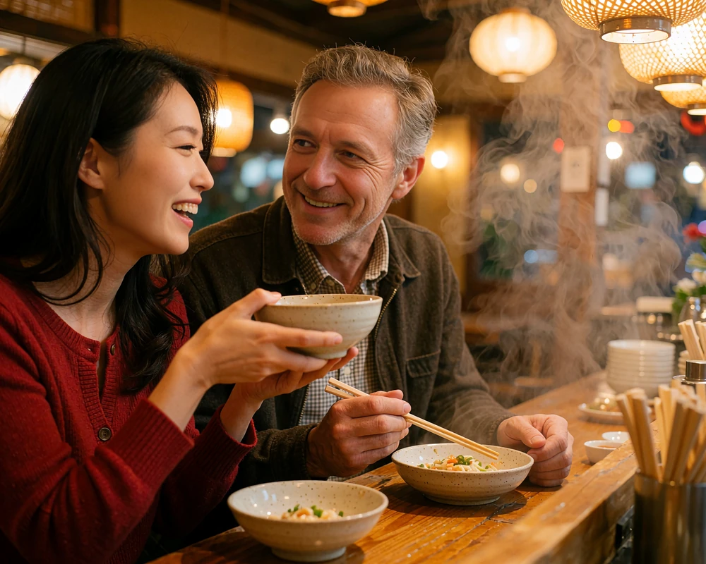 Korean woman and Western man laughing together at a warm evening eatery counter