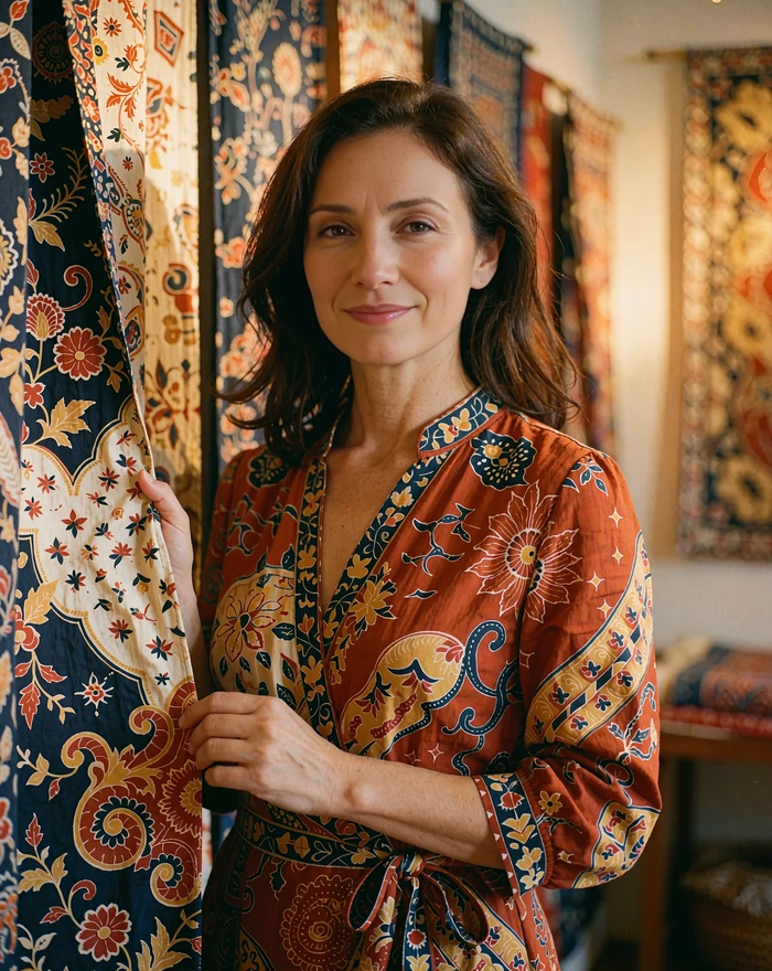 Indonesian woman in a rust-orange batik dress standing in a softly lit textile gallery