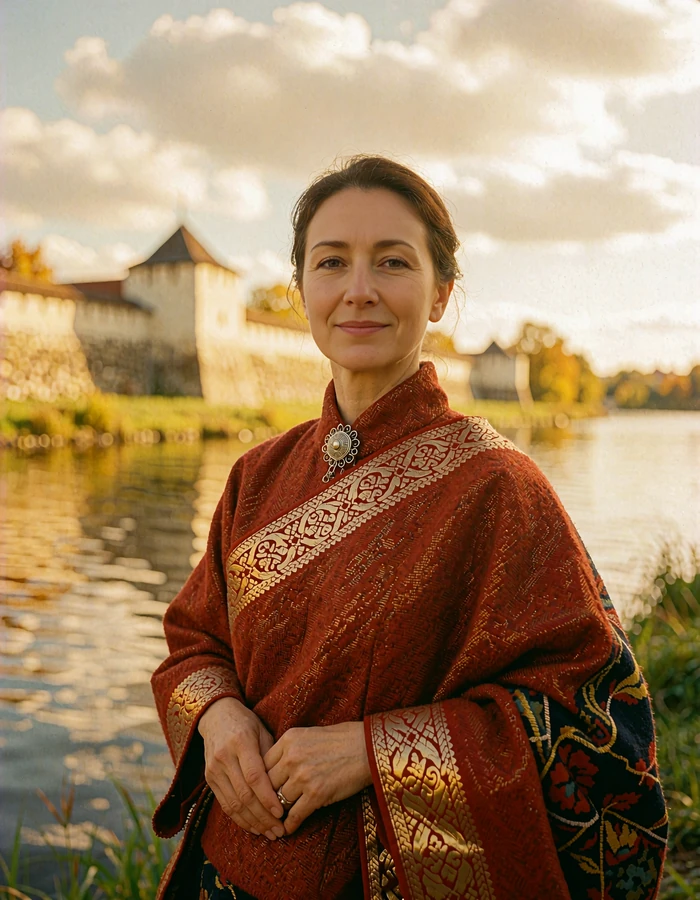 Bhutanese woman in a rust-red woven kira with gold-threaded border near a riverside fortress in Punakha