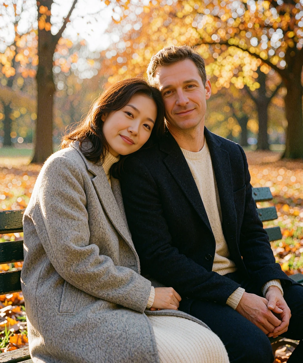 Korean woman in a grey coat resting her head on a man's shoulder while sitting together on a park bench