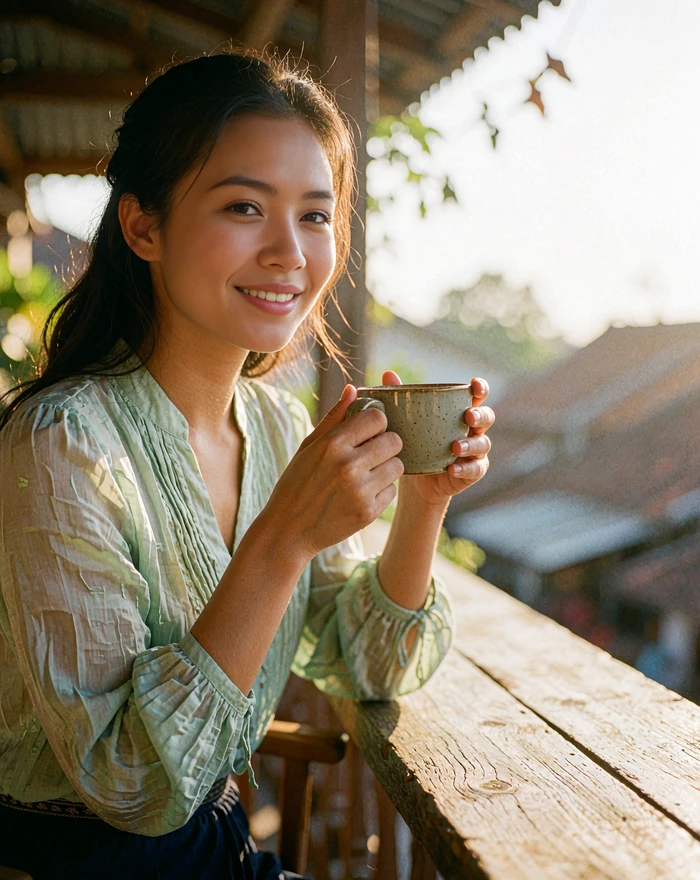 Laotian woman in a sage blouse seated on a wooden cafe balcony holding a cup of tea