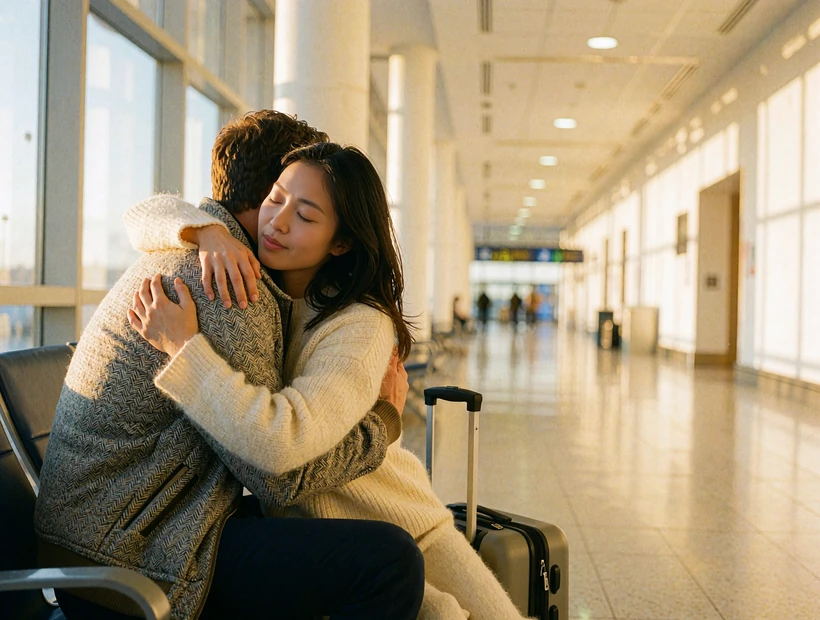 Couple embracing with relief in a sunlit airport arrivals hall beside a small suitcase