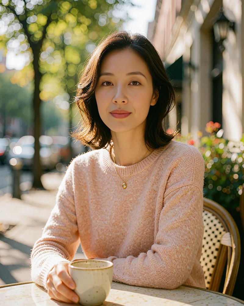 Korean woman in a blush knit sweater seated at an outdoor cafe table with a warm smile