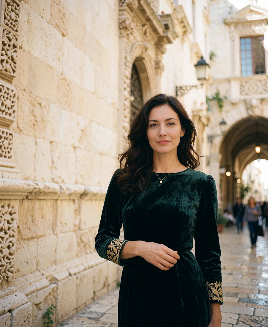 Armenian woman in a forest-green velvet dress with gold-embroidered cuffs standing on a historic tuff-stone street