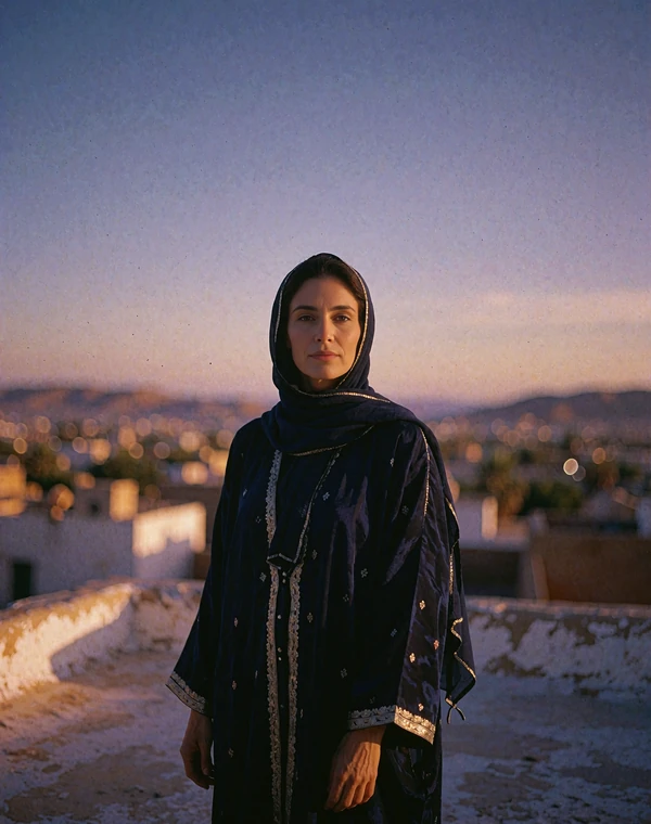 Yemeni woman in a midnight-blue headscarf and abaya standing on a rooftop at dusk