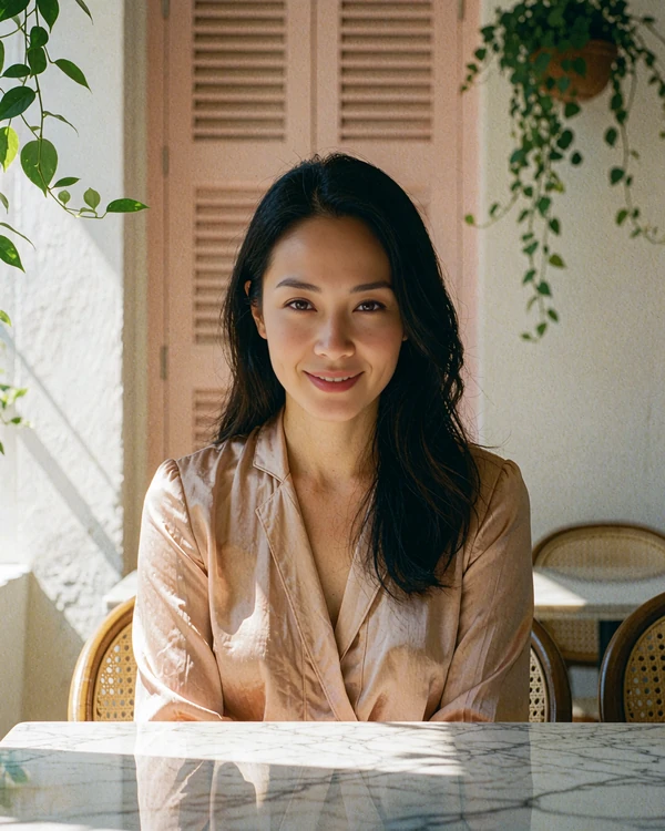 Malaysian woman with long dark hair in a blush blouse smiling at a marble cafe table in a restored Penang shophouse