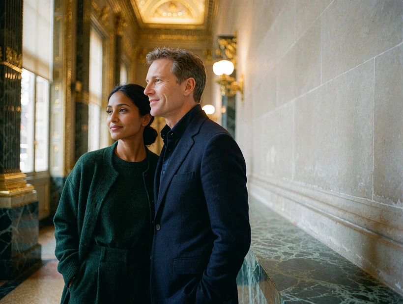 South Asian woman in a deep green outfit standing beside a Western man in a softly lit museum hall