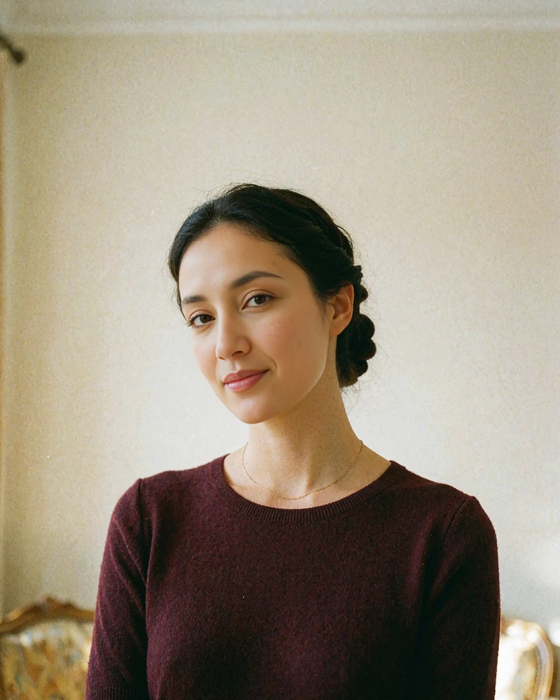 Kazakh woman in a burgundy knit dress standing in a bright contemporary art gallery