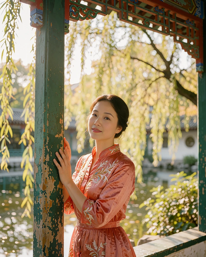 Chinese woman in a soft red silk dress standing near a classical garden pavilion column