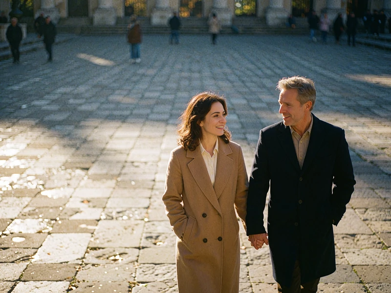 Couple walking hand in hand along a sunlit stone plaza in soft morning light