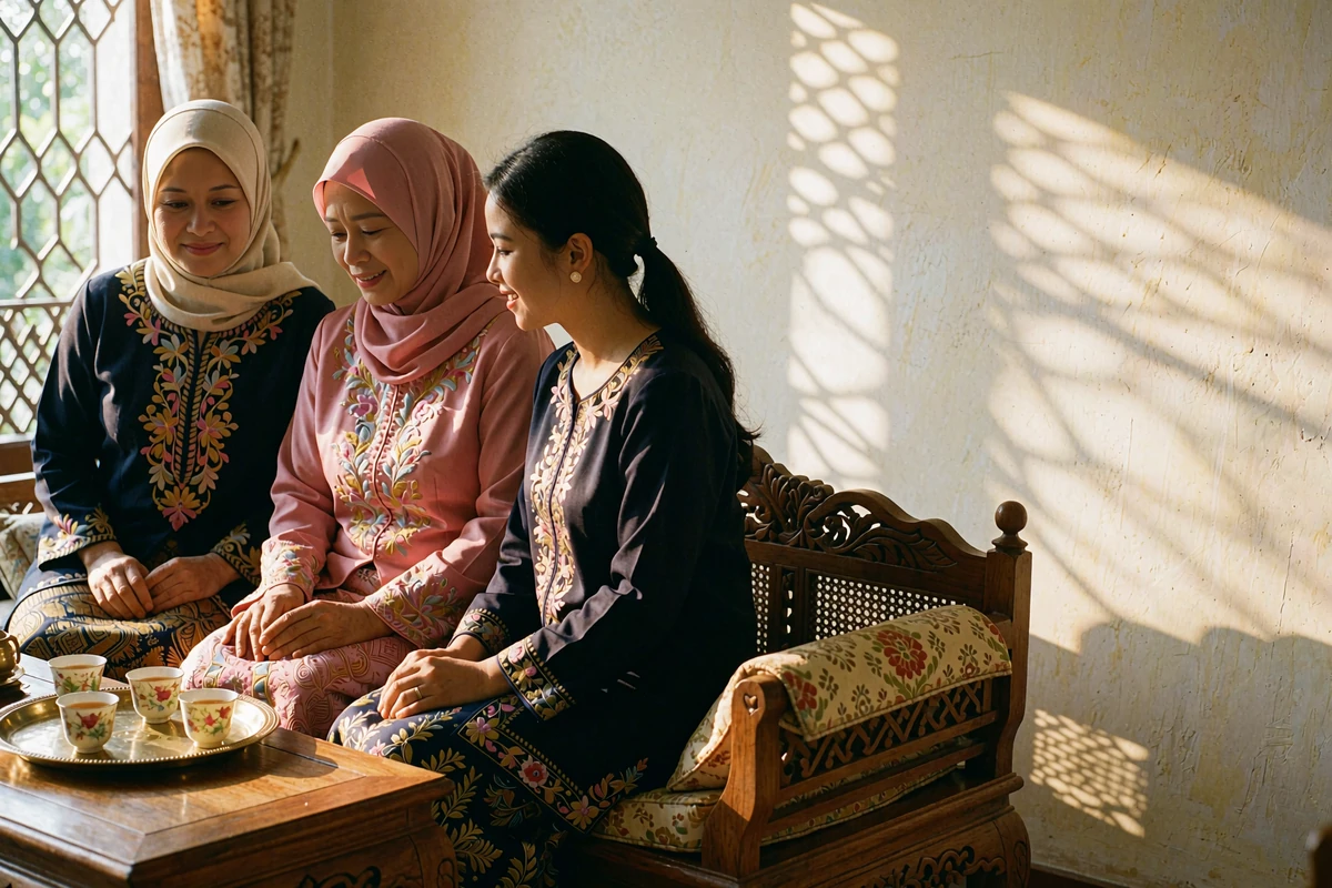 Three generations of Bruneian women sharing tea together in richly coloured traditional dress in an airy family room