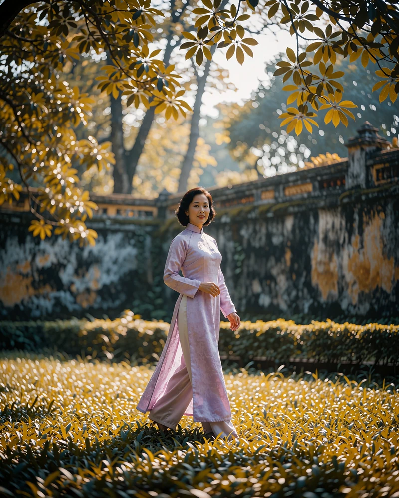 Vietnamese woman in a soft lilac ao dai walking through an old imperial garden in Hue