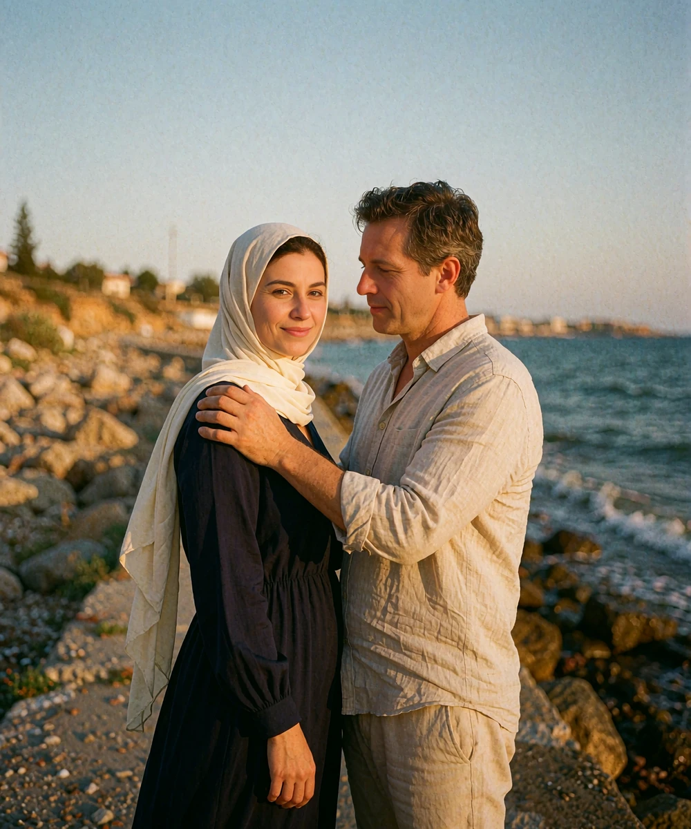 Yemeni woman in an ivory headscarf and navy dress standing beside a Western man on a breezy seaside walkway at golden hour