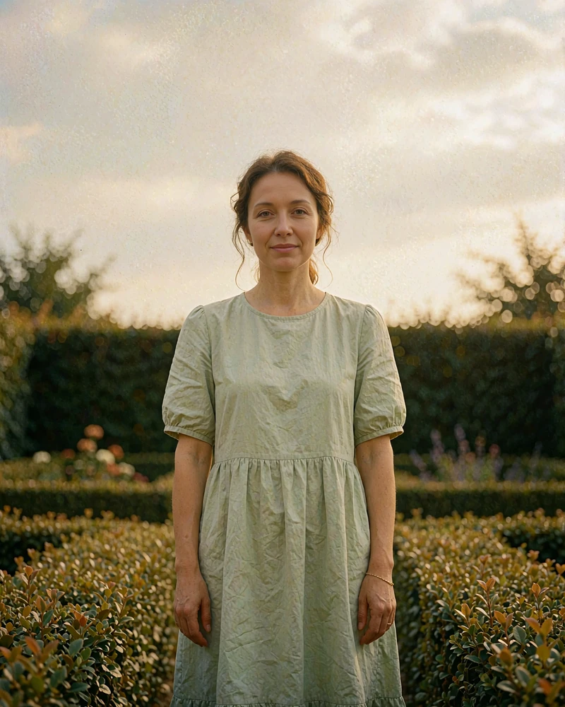 Kyrgyz woman in a sage-green dress standing in a manicured garden with a gentle smile