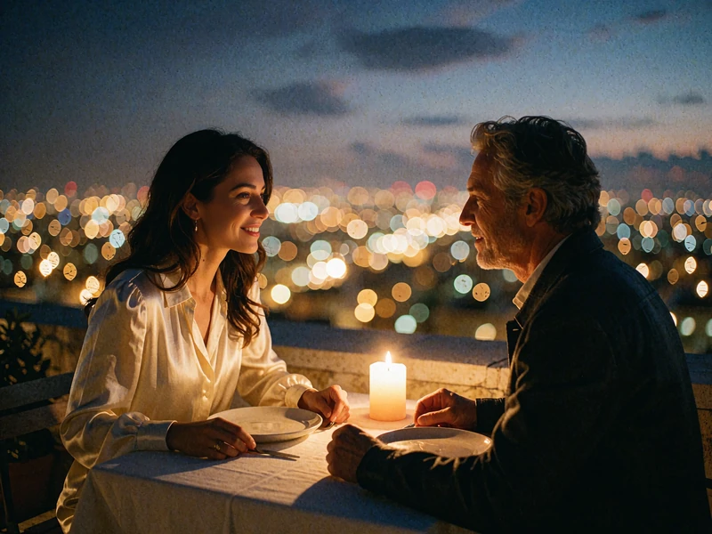 Jordanian woman in a cream blouse smiling across a candlelit rooftop dinner table with a Western man at dusk