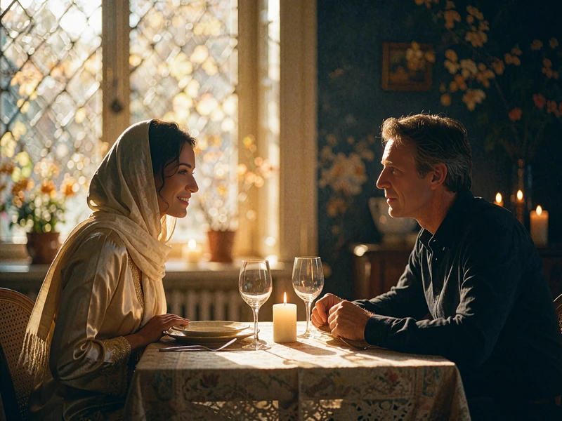 Yemeni woman in a cream headscarf smiling across a candlelit restaurant table at a Western man