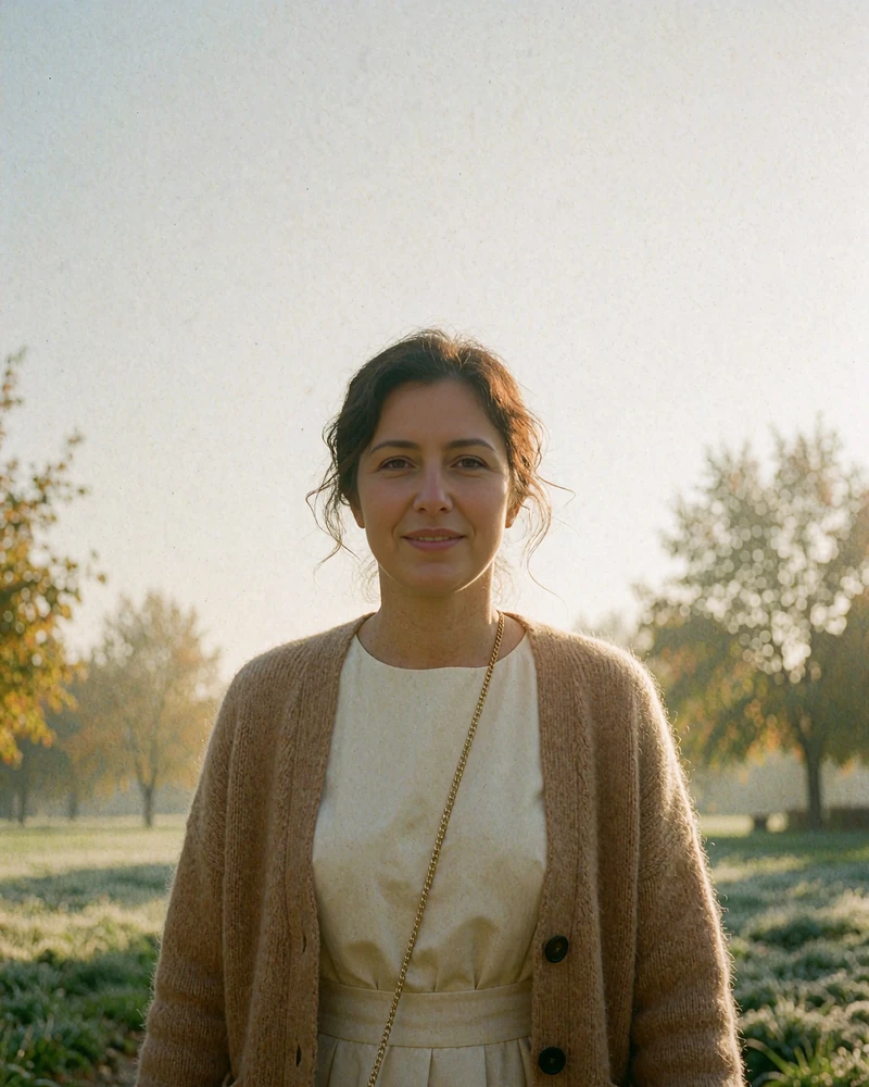 Turkmen woman in a camel cardigan walking through a quiet park in early morning light