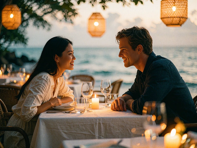 Filipina woman and a Western man seated at a small table during a warm seaside dinner at dusk