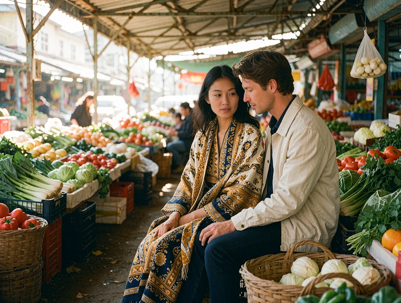 Couple browsing a covered produce market together in warm daylight