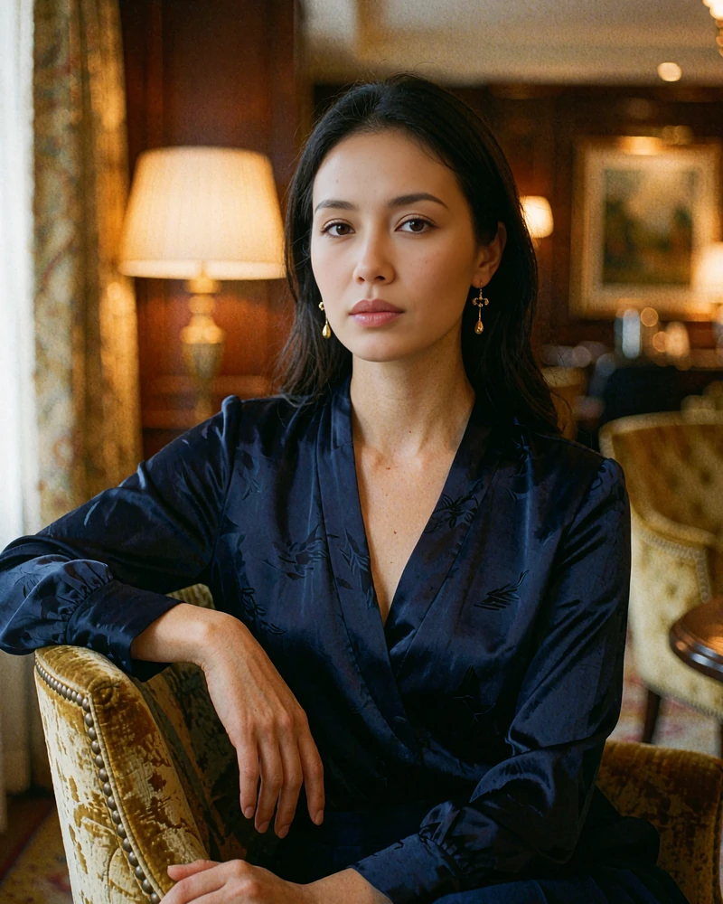Kyrgyz woman in a midnight-blue silk blouse seated calmly in a warmly lit hotel lounge