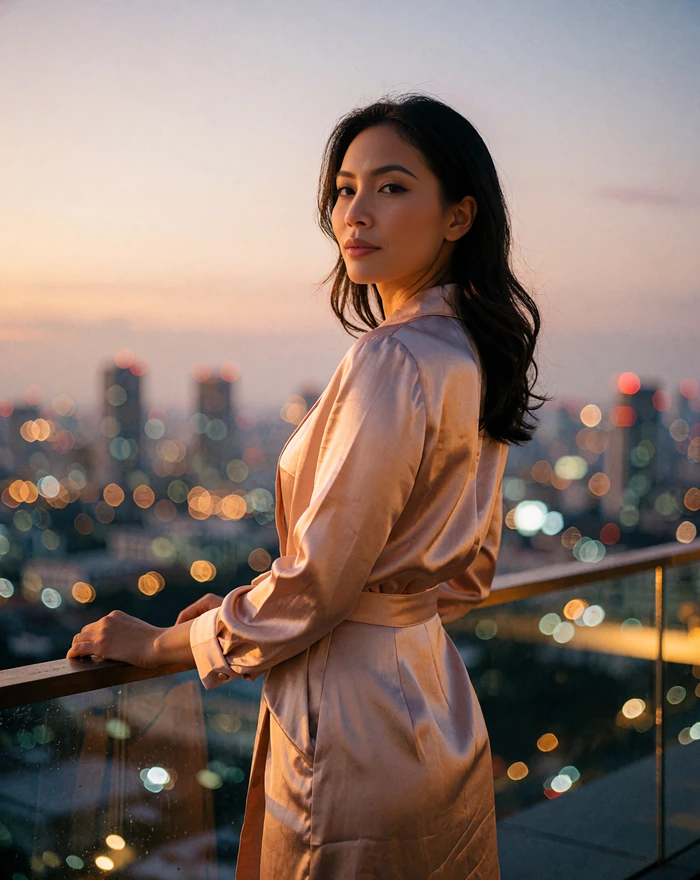 Thai woman in a blush silk dress standing at the railing of an upscale rooftop lounge at dusk