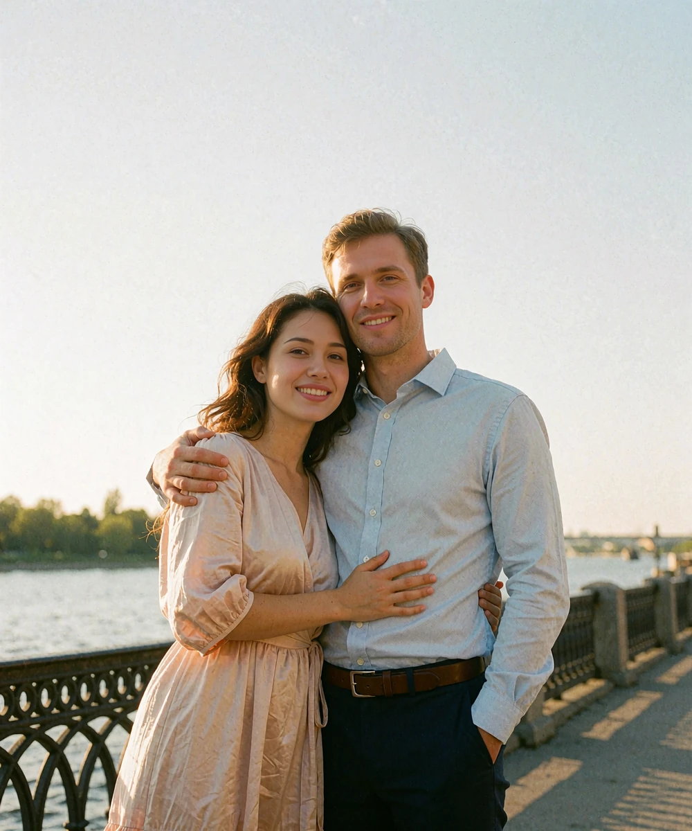 Kazakh woman in a blush dress leaning against a Western man on a riverside promenade at golden hour