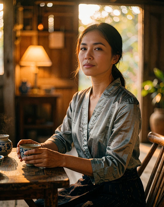 Myanmar woman in a soft grey-blue blouse seated at a wooden tea house table with a quiet confident expression