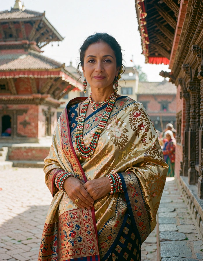 Nepali woman in a gold-toned sari-style wrap with beaded jewellery in Patan palace square