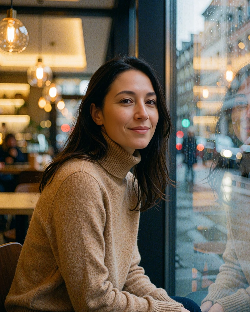 Mongolian woman in a camel turtleneck smiling by a café window in central Ulaanbaatar