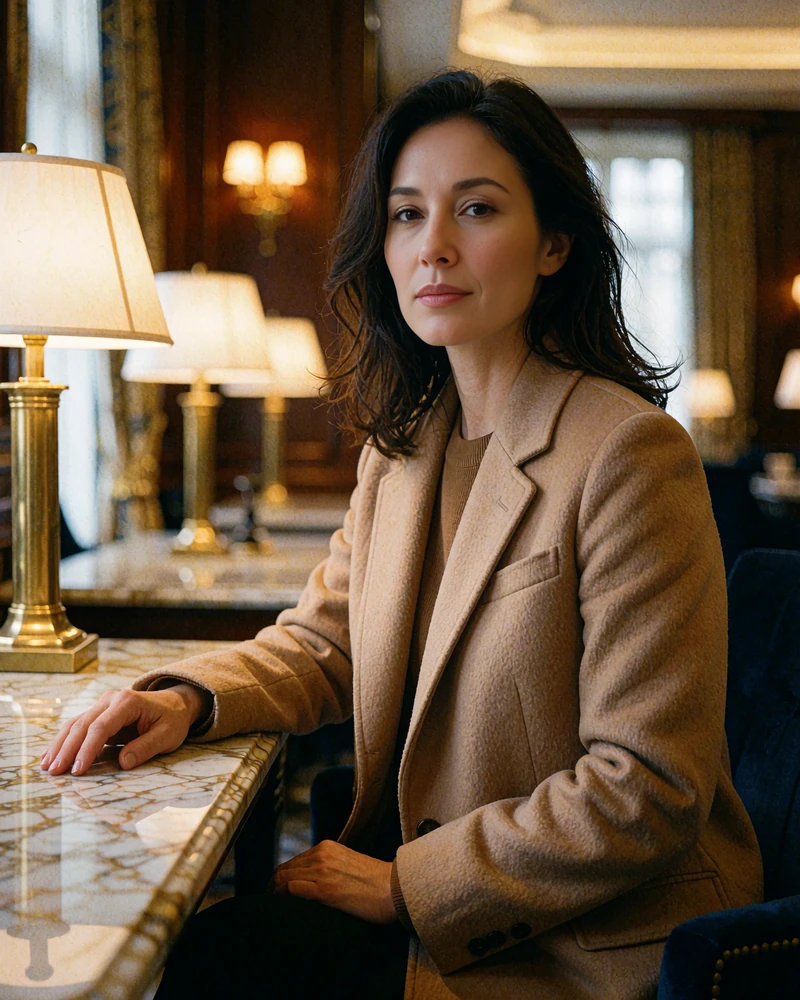 Japanese woman in a tailored camel coat seated in an upscale Tokyo hotel lounge