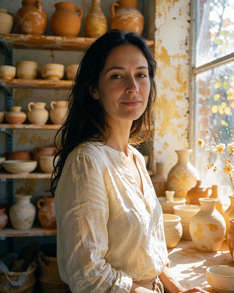Japanese woman with long dark hair standing in a bright ceramics atelier surrounded by unglazed pottery