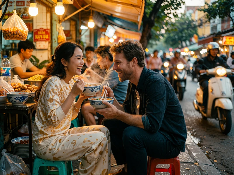 Vietnamese woman and a Western man sharing bowls at a street-food corner in the evening, laughing together