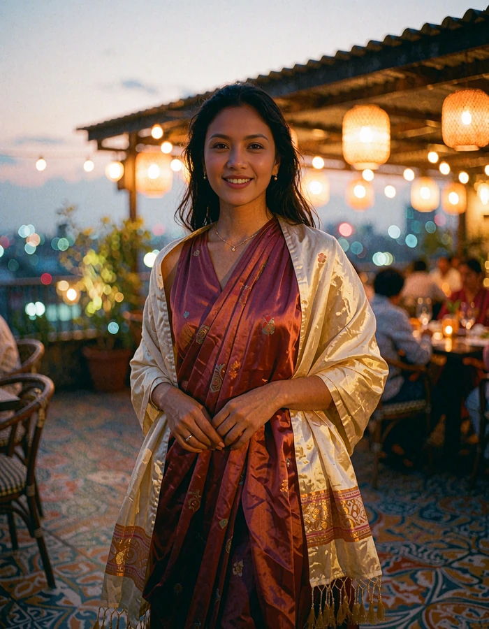 Nepali woman in a maroon silk dress with a light gold shawl on a rooftop restaurant at dusk